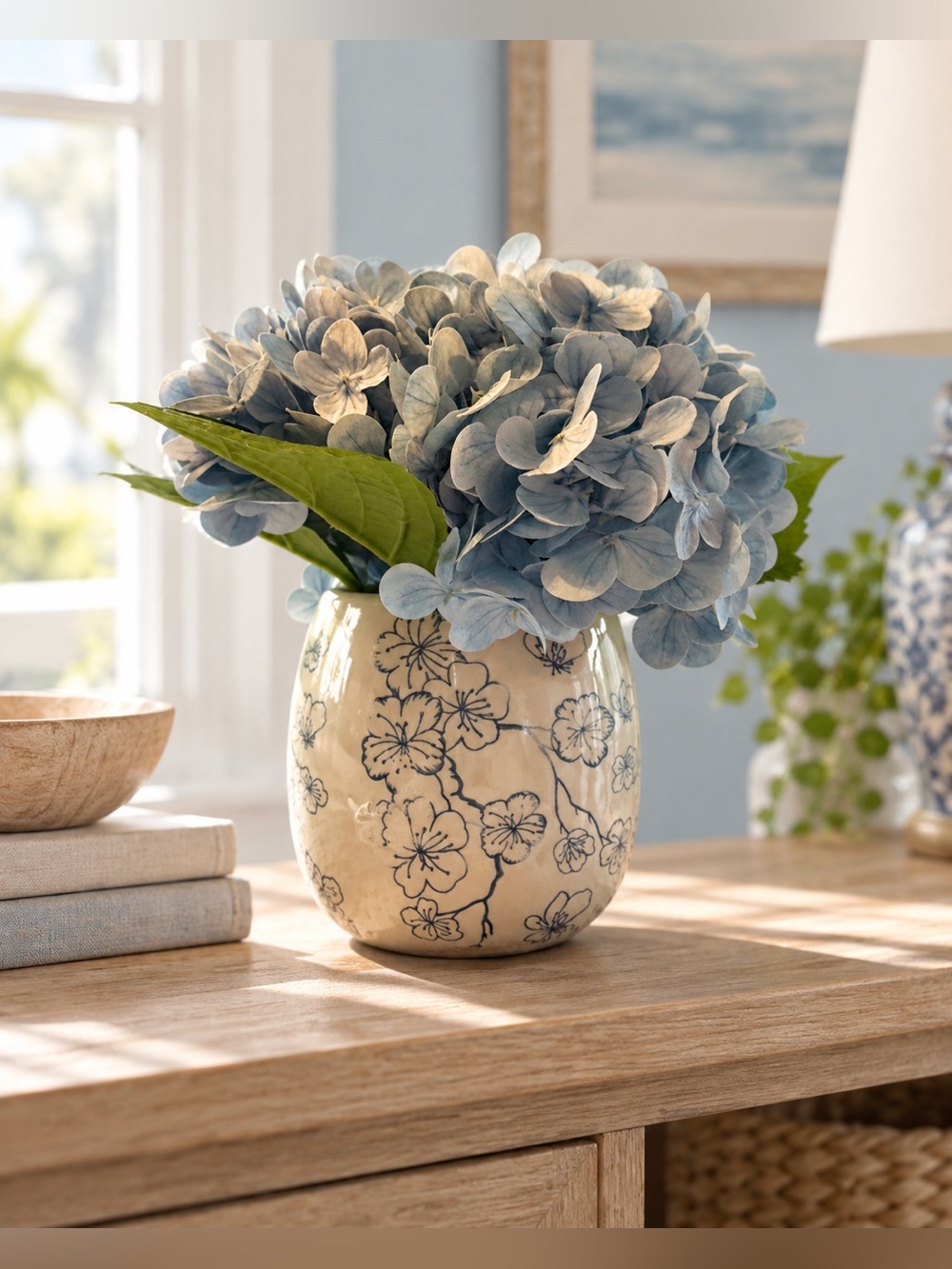 Blue Hydrangea Arrangement Floral Ceramic Vase Cottage Decor